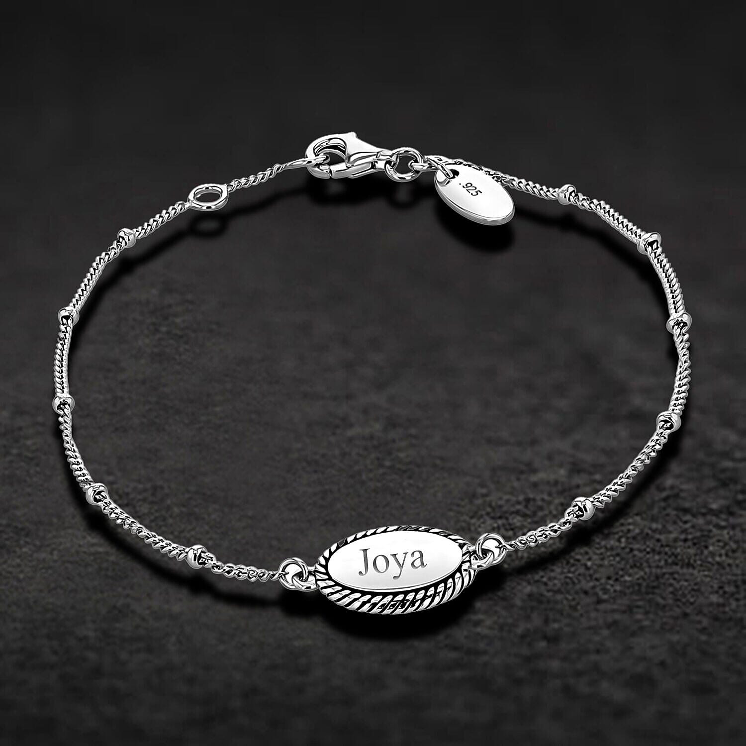 Personalised Engravable Rhodium Plated 10mm x 13.5mm Twist-Edge Oval Ball and Curb Chain Adjustable Bracelet in Silver, Size-7-7.5 Inch