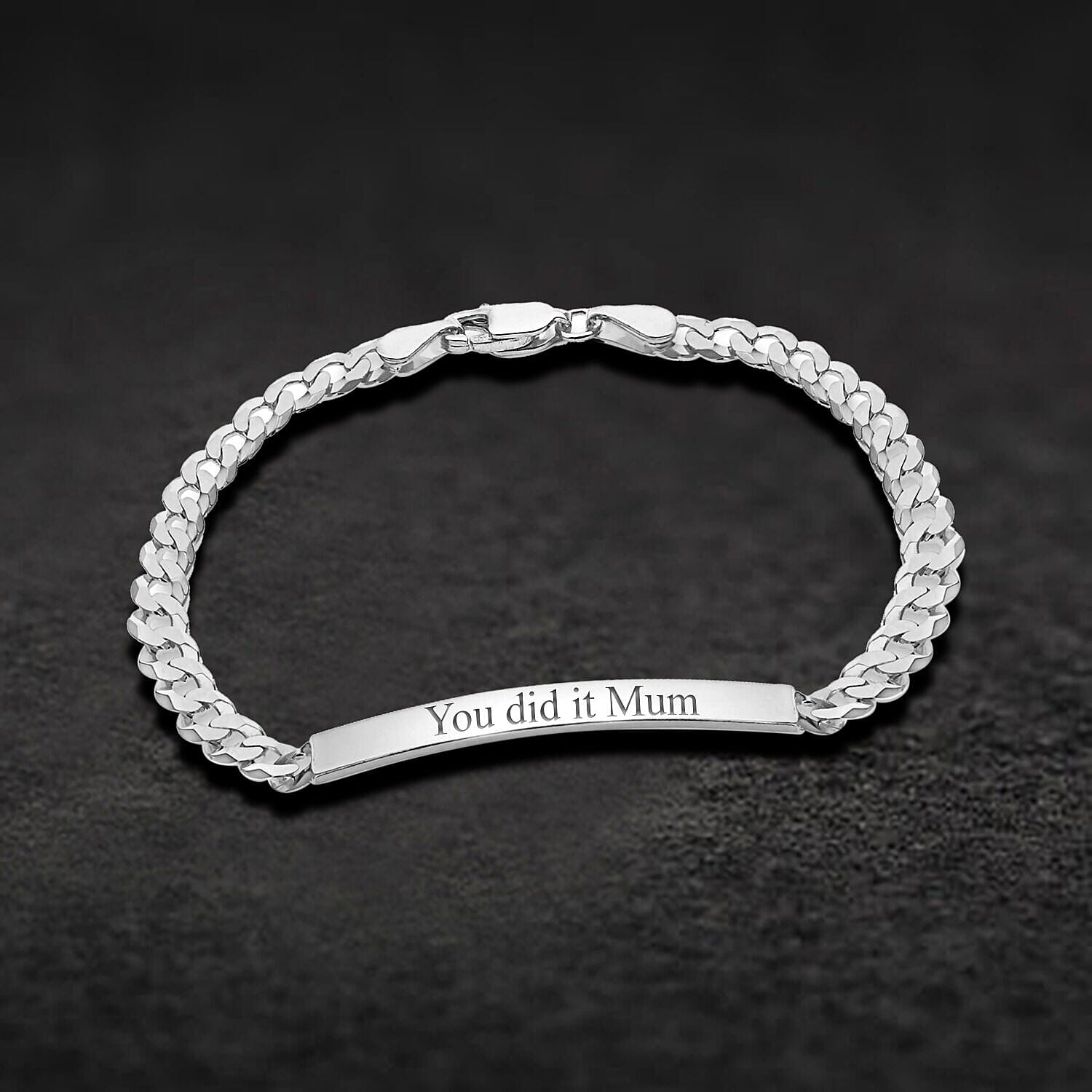 Personalised Engravable 38.5mm x 6mm ID 5.3mm Flat Curb Bracelet in Silver, Size-7.5 Inch