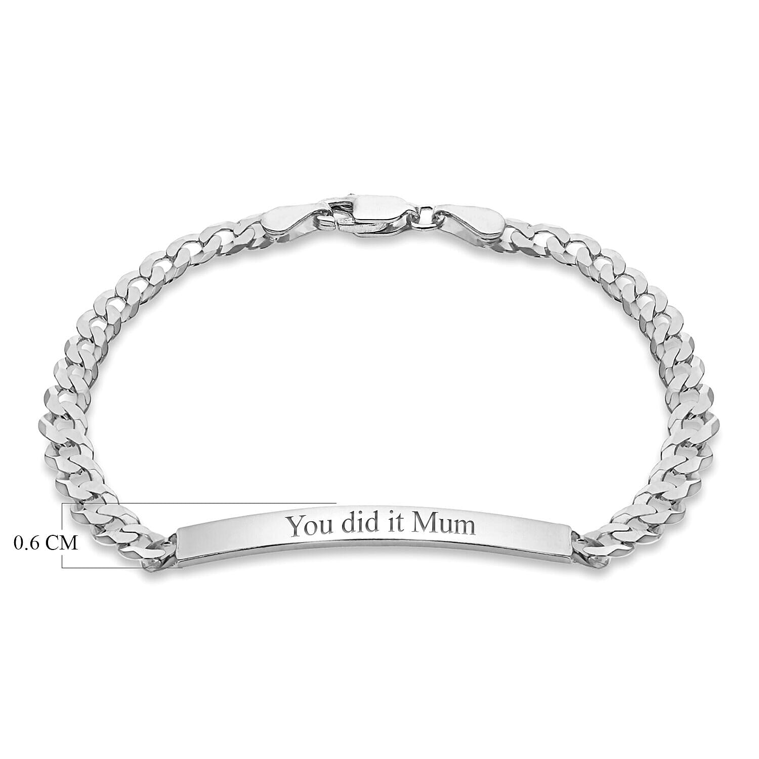 Personalised Engravable 38.5mm x 6mm ID 5.3mm Flat Curb Bracelet in Silver, Size-7.5 Inch