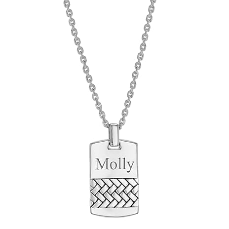 Personalised Engravable 17mm x 33mm Herringbone-Patterned Dog Tag Pendant on Adjustable Chain in Silver, Size-20-22 Inch