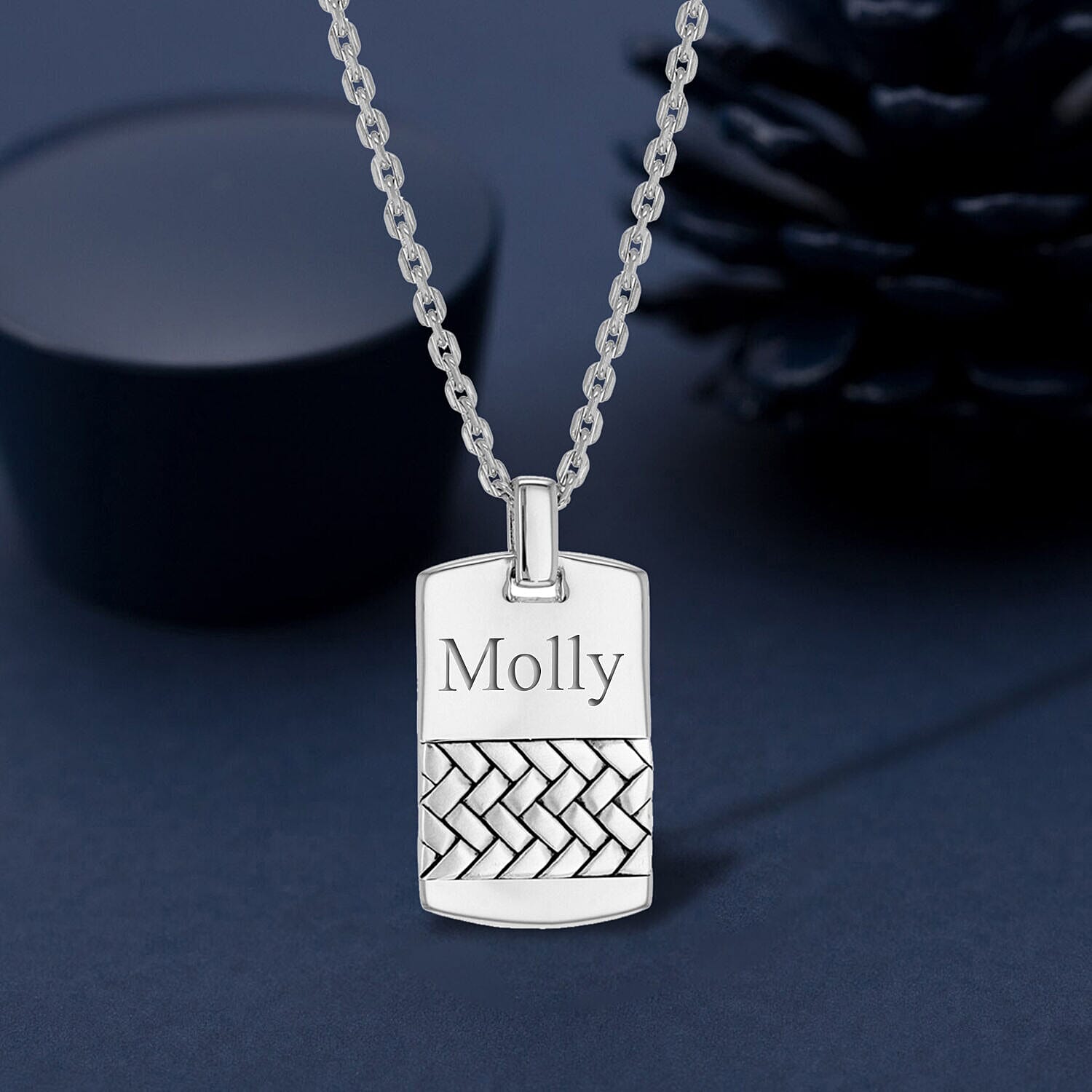 Personalised Engravable 17mm x 33mm Herringbone-Patterned Dog Tag Pendant on Adjustable Chain in Silver, Size-20-22 Inch
