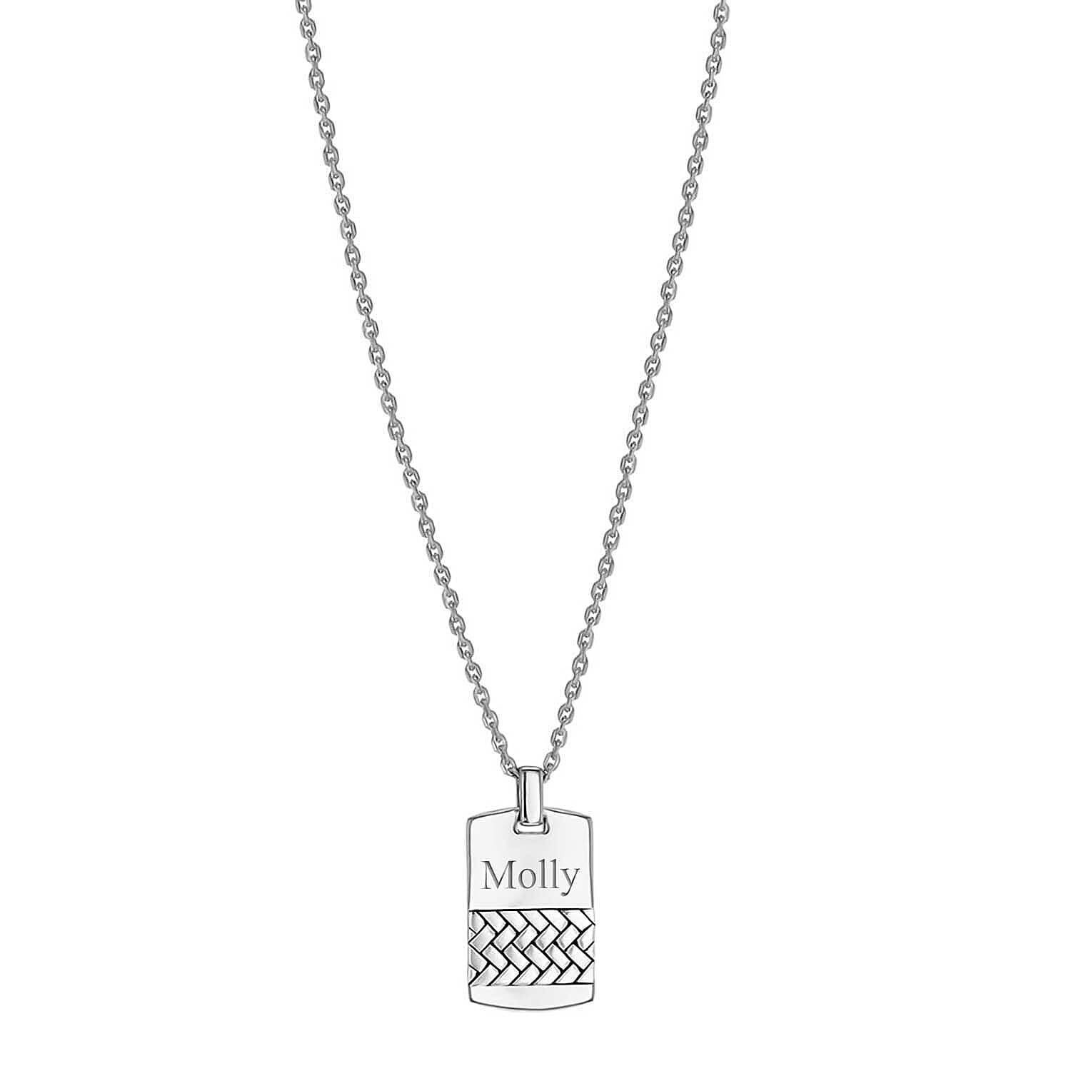 Personalised Engravable 17mm x 33mm Herringbone-Patterned Dog Tag Pendant on Adjustable Chain in Silver, Size-20-22 Inch