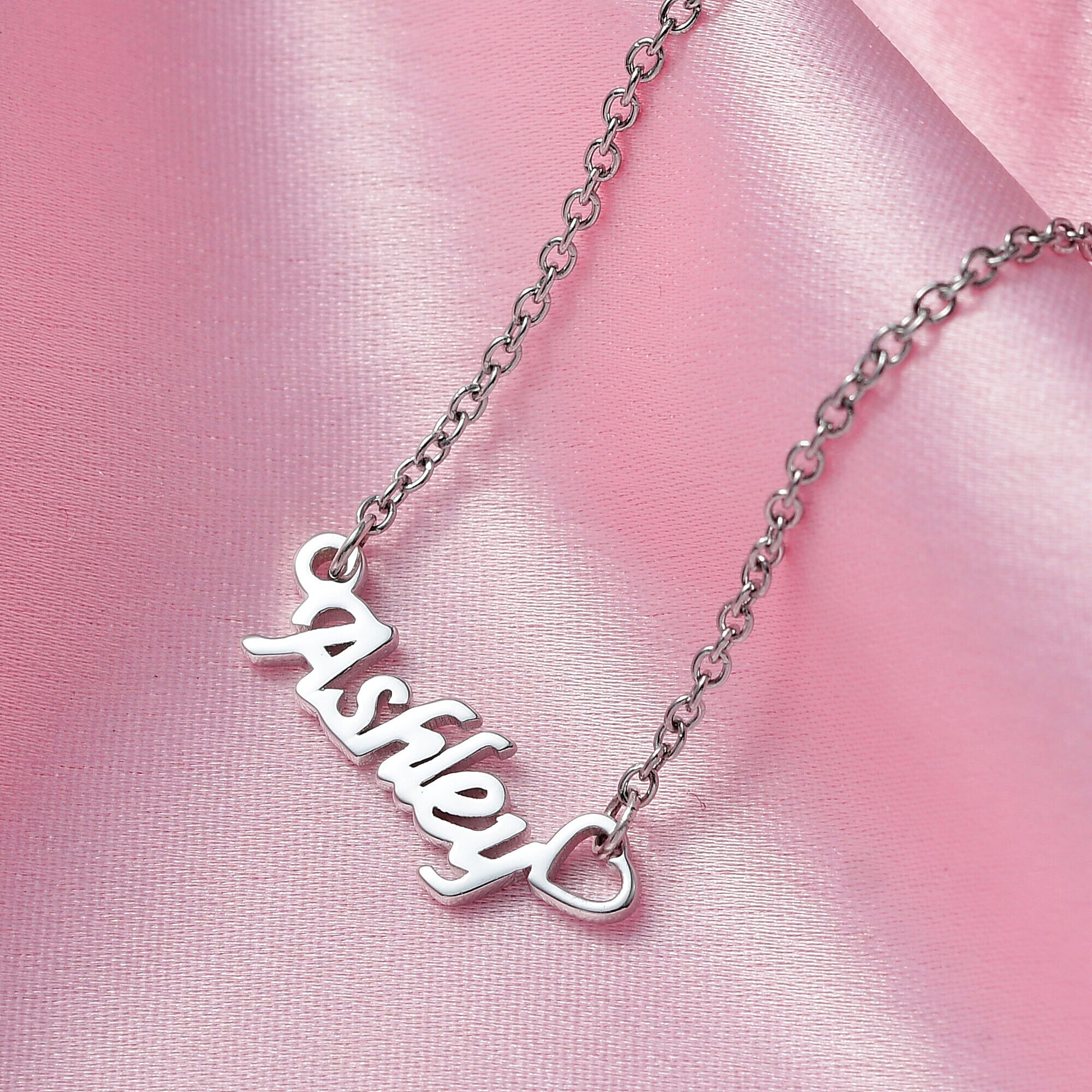 Personalised Engravable Heart Name Necklace in Silver, Size - 18-2 Inch, Font- Italic