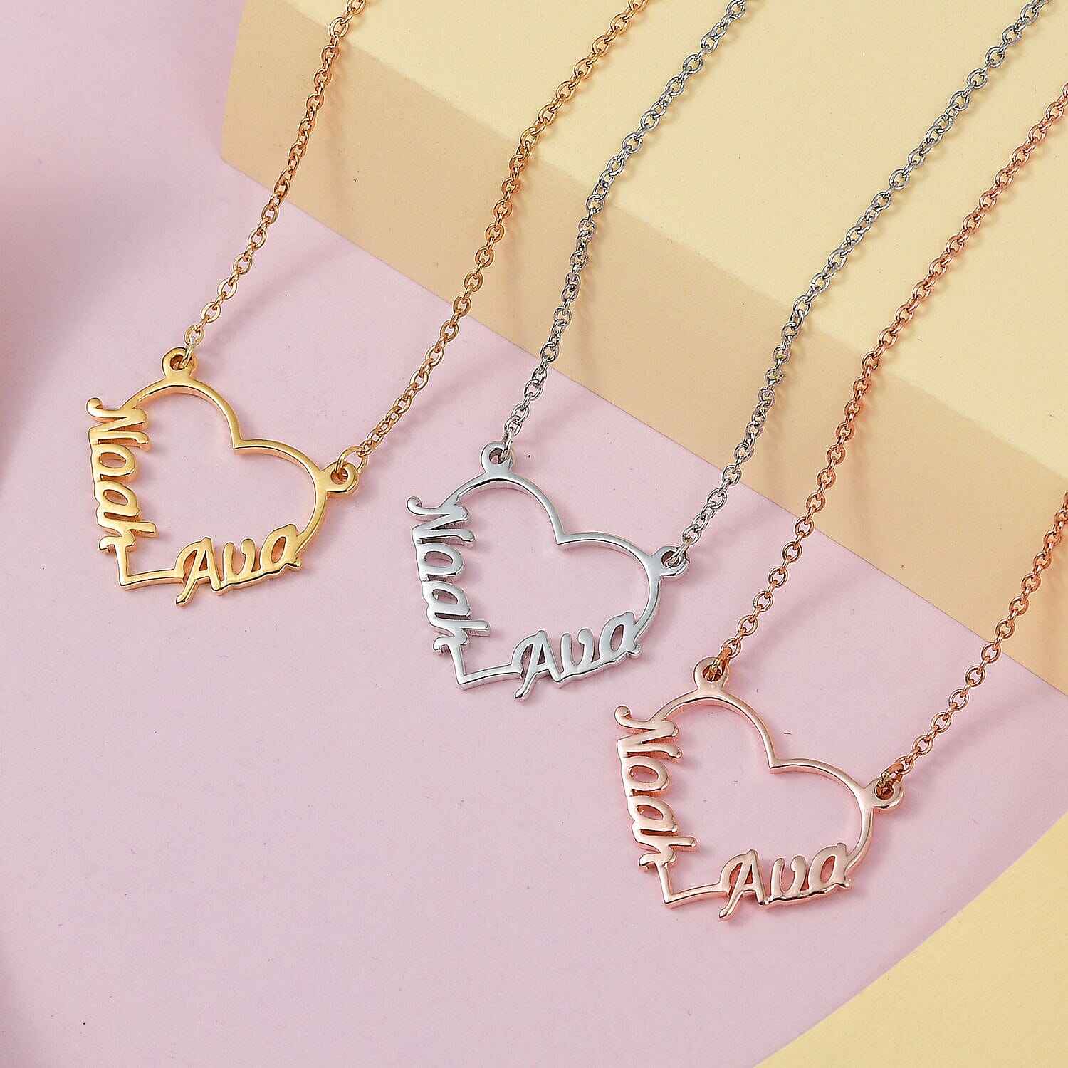 Personalised Engravable Two Name Heart Name Necklace in Silver, Size - 18-2 Inch, Font- Free Hand