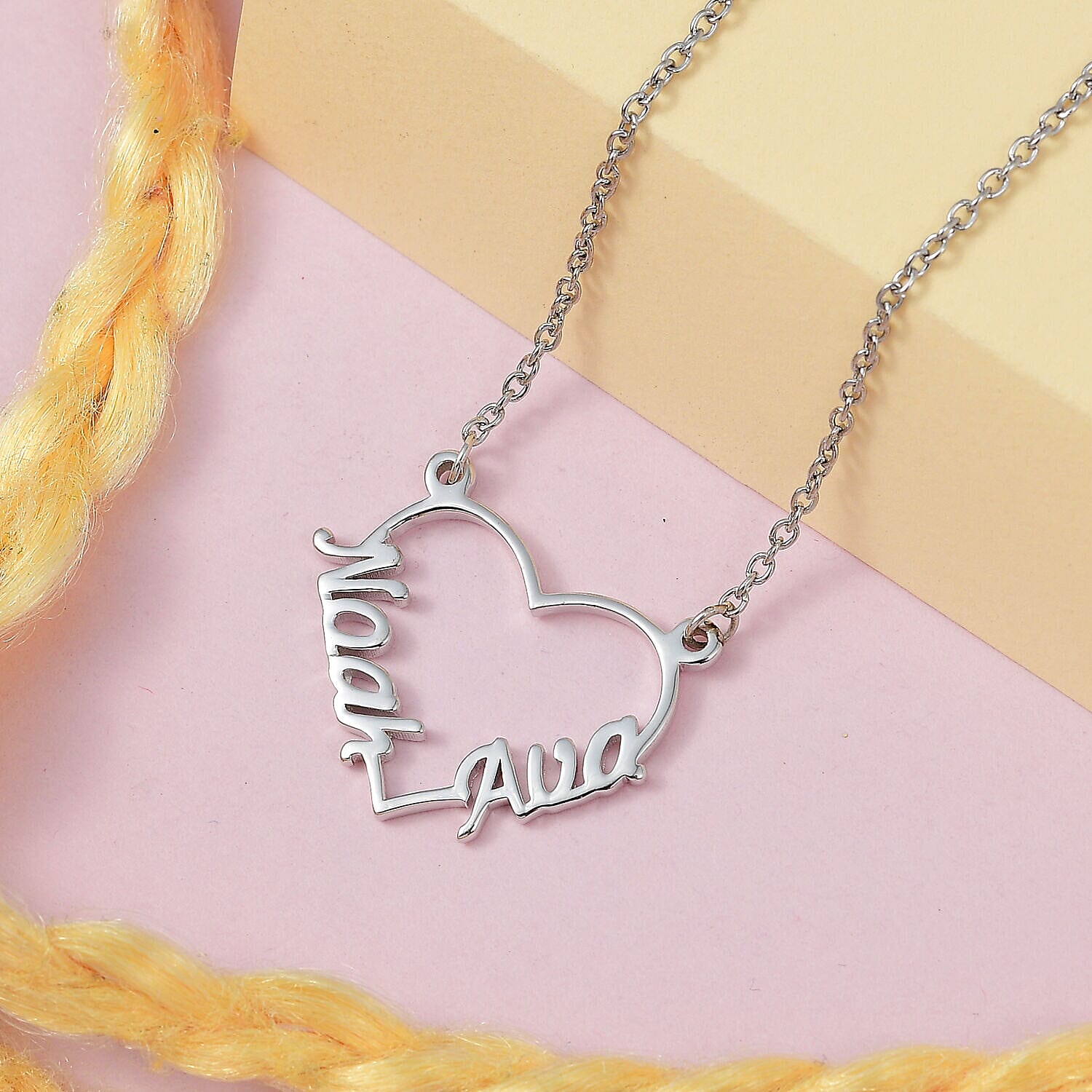 Personalised Engravable Two Name Heart Name Necklace in Silver, Size - 18-2 Inch, Font- Free Hand