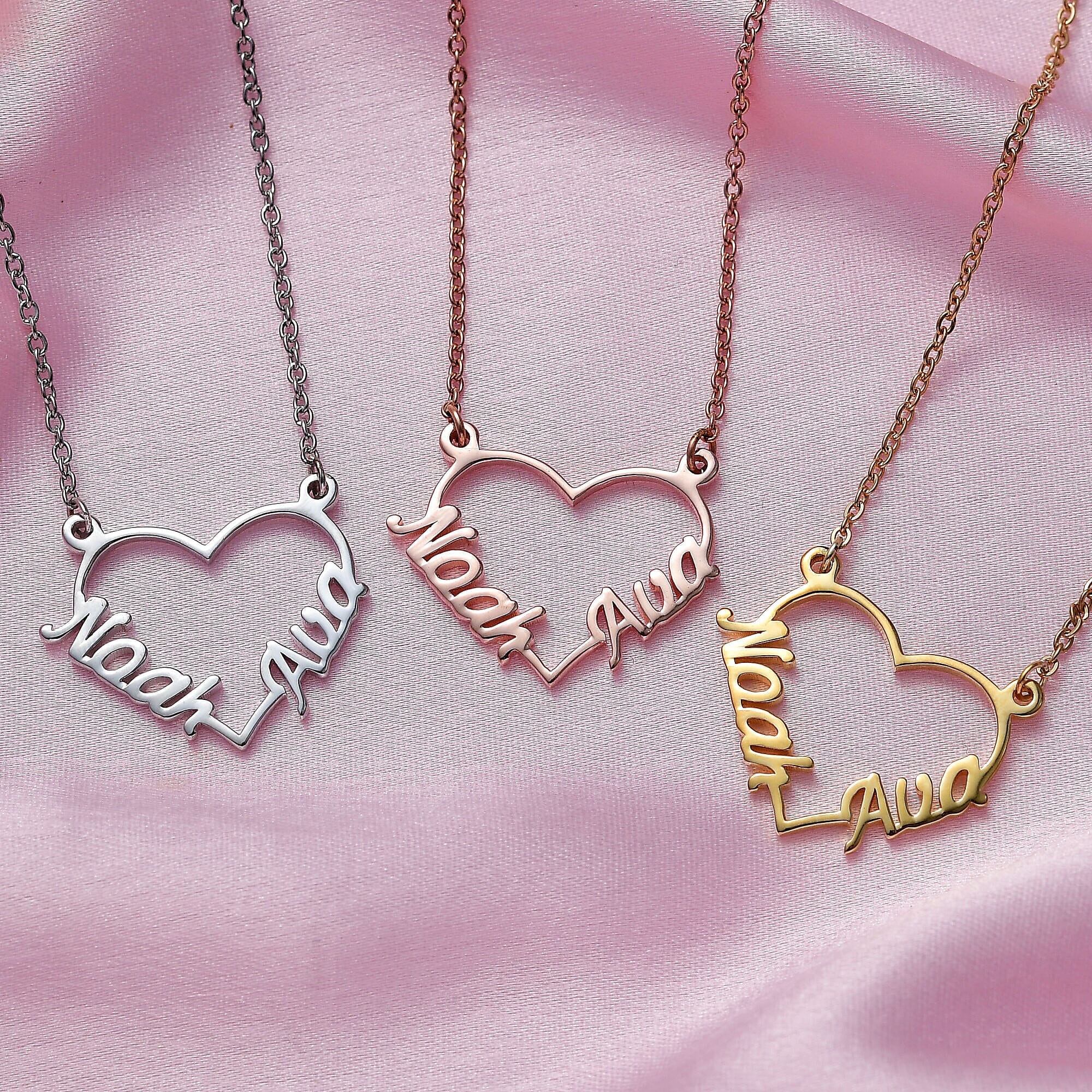 Personalised Engravable Two Name Heart Name Necklace in Silver, Size - 18-2 Inch, Font- Free Hand