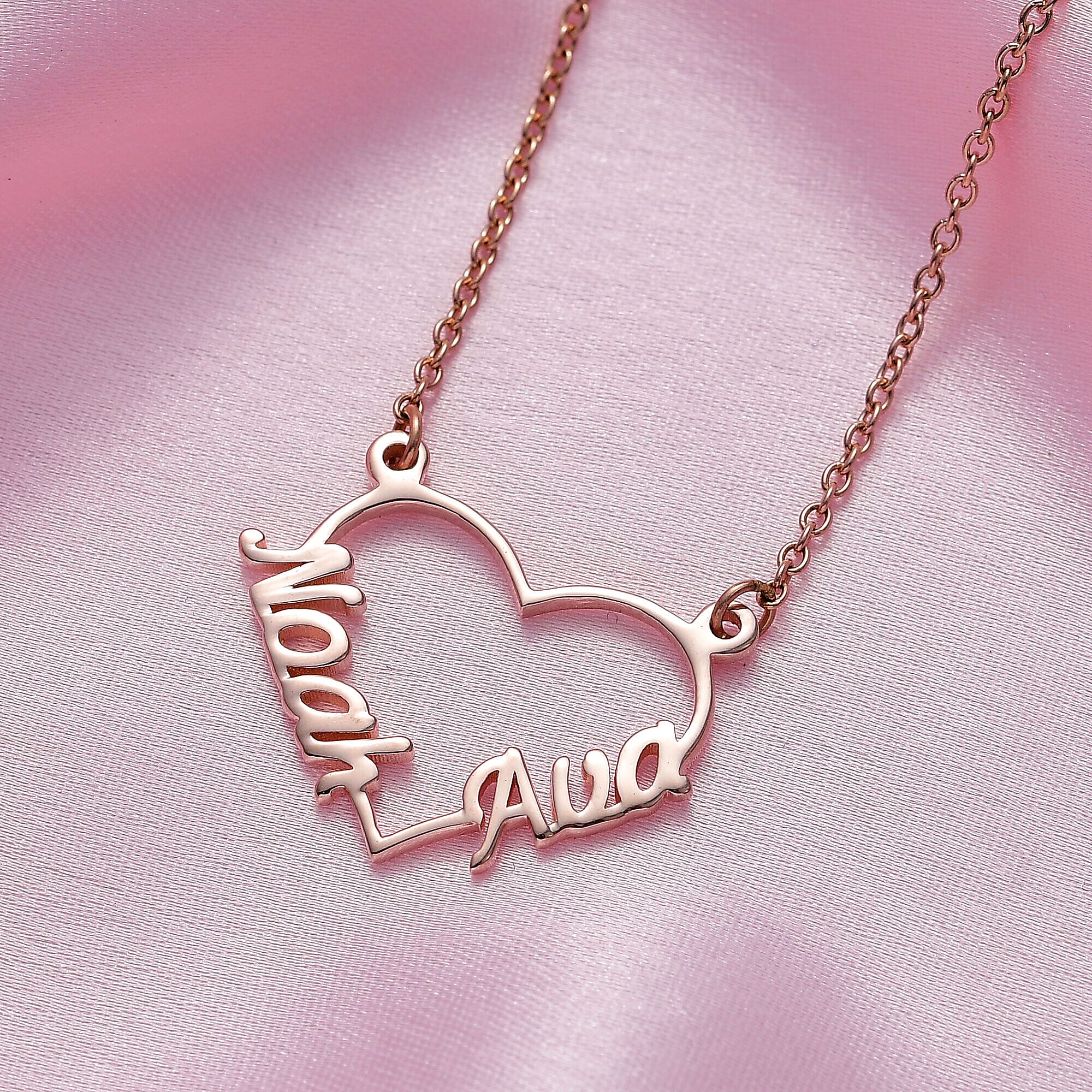 Personalised Engravable Two Name Heart Name Necklace in Silver, Size - 18-2 Inch, Font- Free Hand