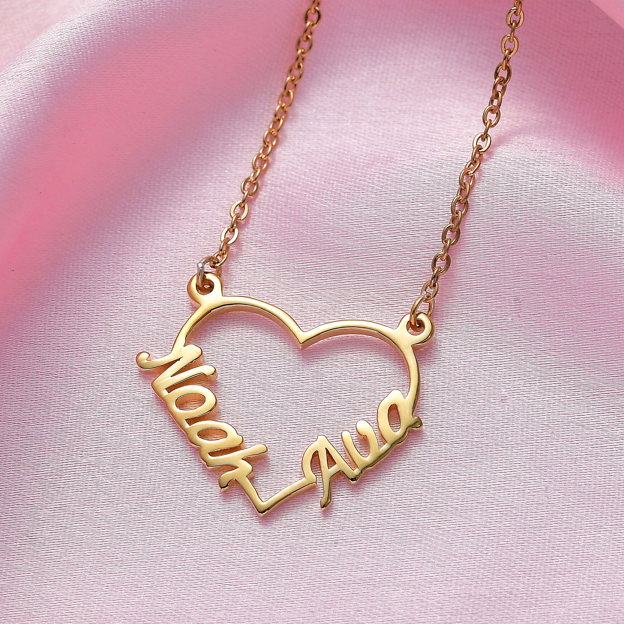 Personalised Engravable Two Name Heart Name Necklace in Silver, Size - 18-2 Inch, Font- Free Hand