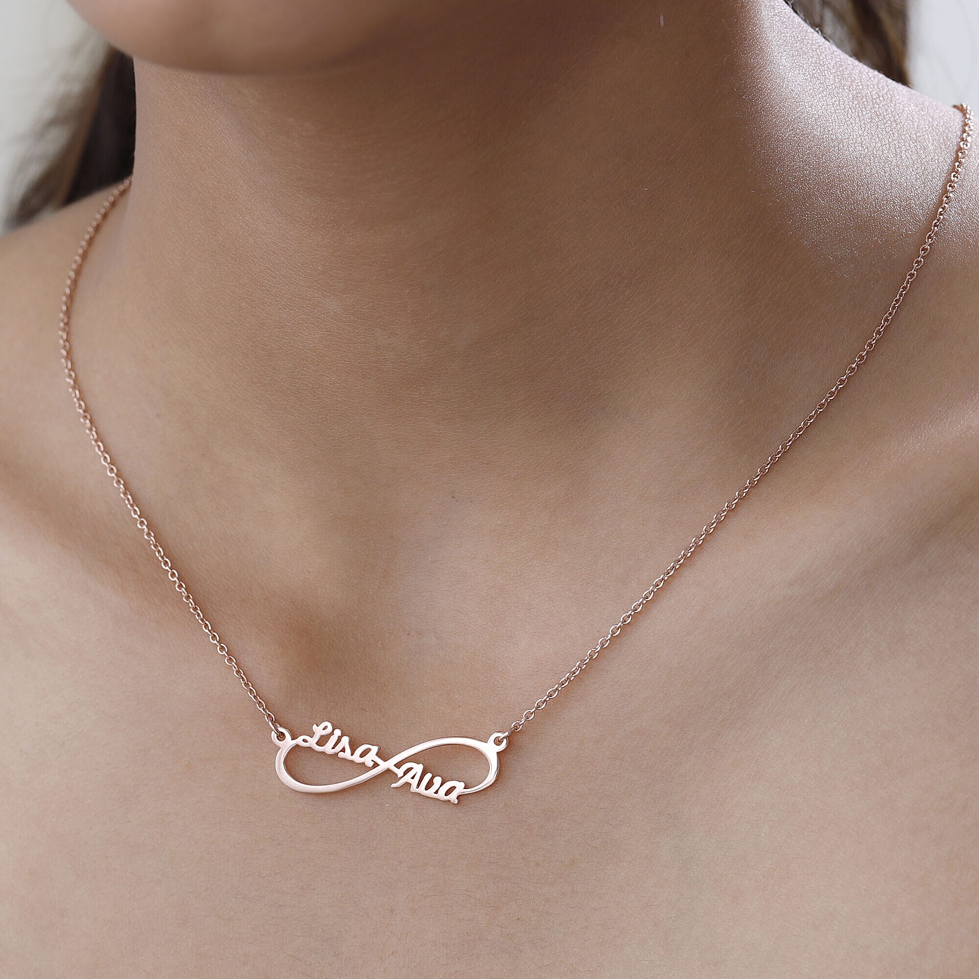 Personalised Engravable Two Name Infinity name Necklace in Silver, Size - 18-2 Inch, Font- Free Hand
