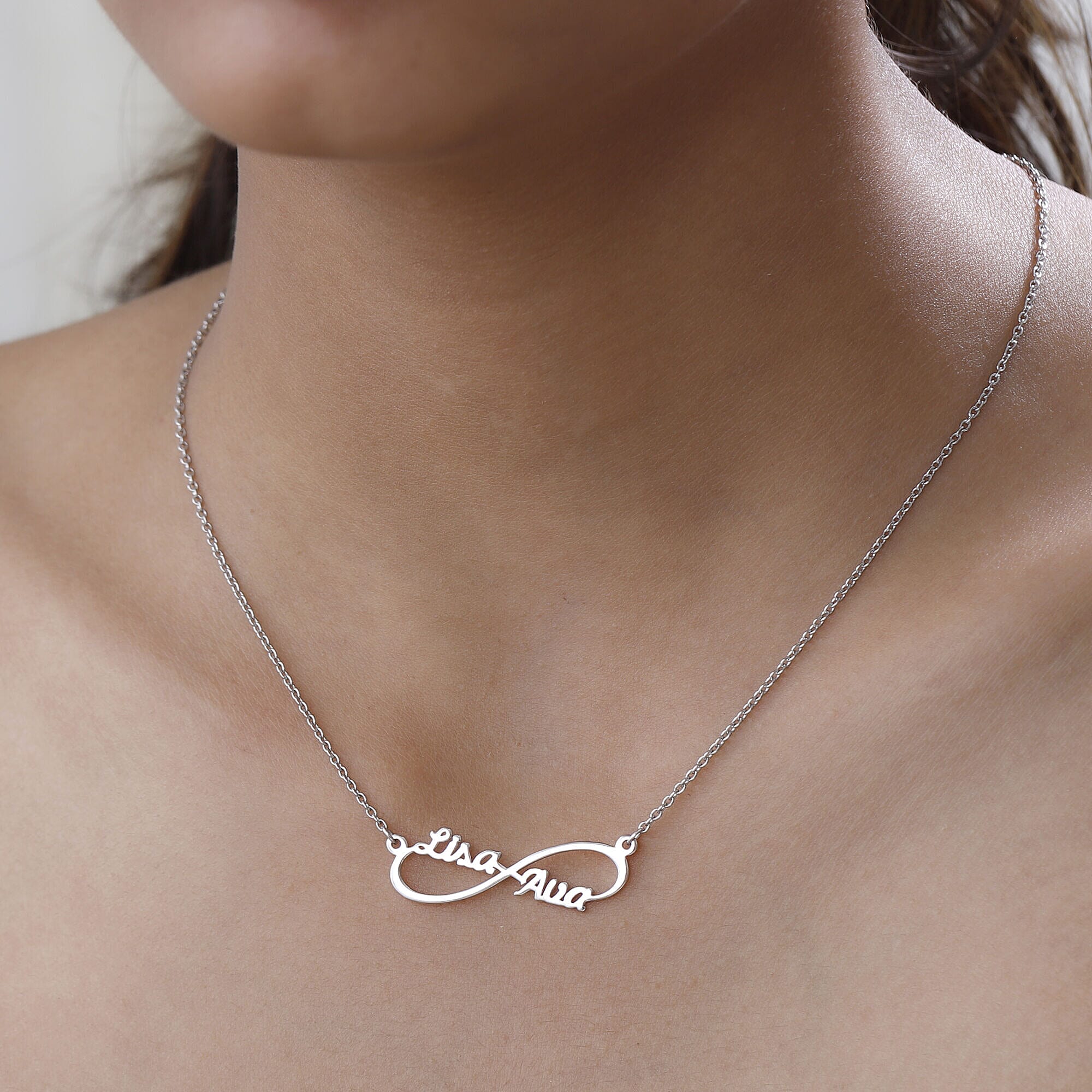 Personalised Engravable Two Name Infinity name Necklace in Silver, Size - 18-2 Inch, Font- Free Hand