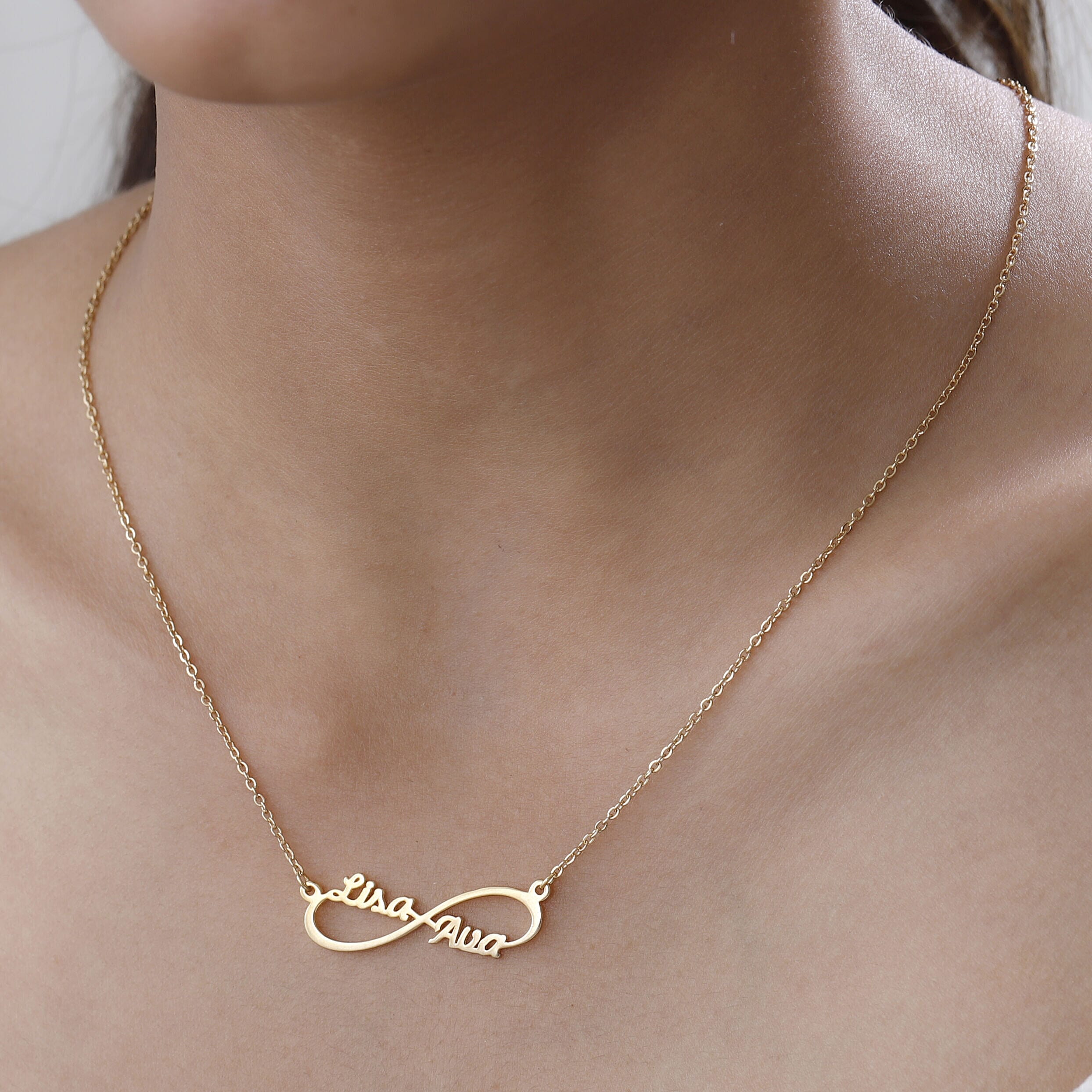 Personalised Engravable Two Name Infinity name Necklace in Silver, Size - 18-2 Inch, Font- Free Hand