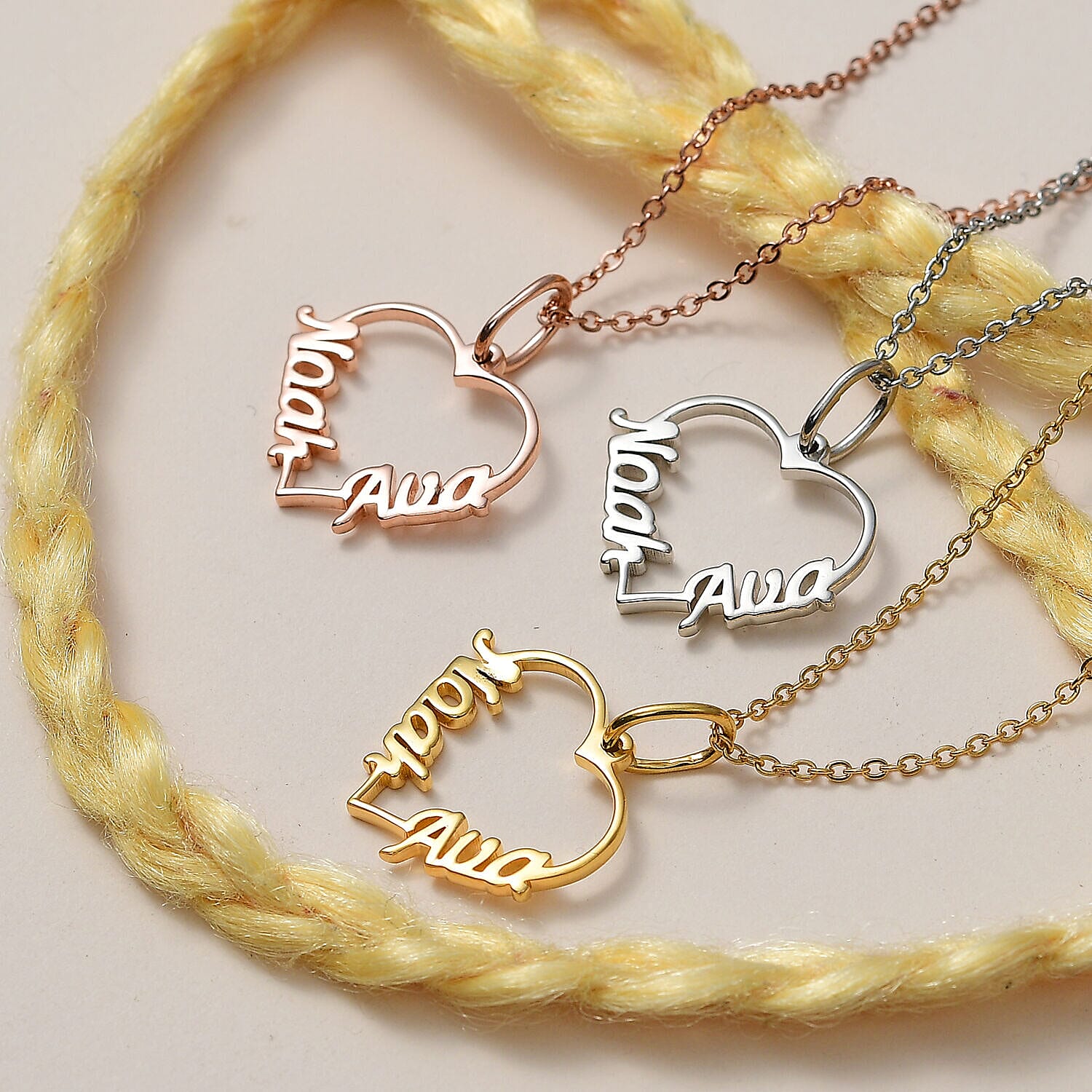 Personalised Engravable Two Name Heart Name Necklace in Silver, Size - 18-2 Inch, Font- Free Hand