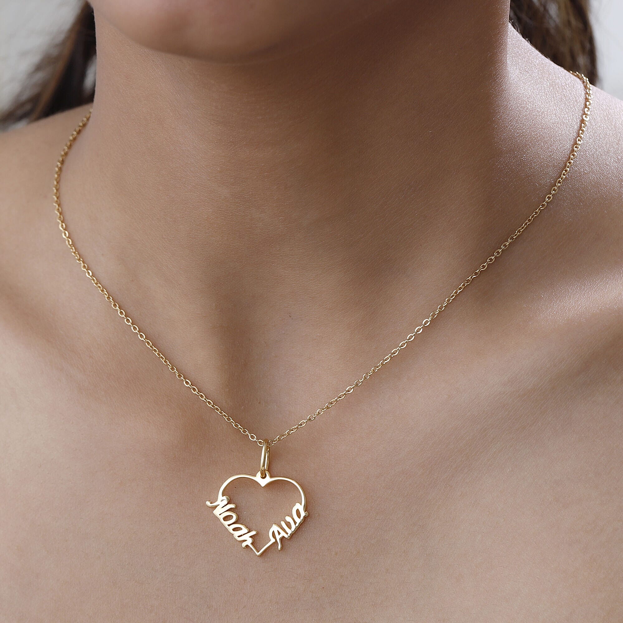 Personalised Engravable Two Name Heart Name Necklace in Silver, Size - 18-2 Inch, Font- Free Hand