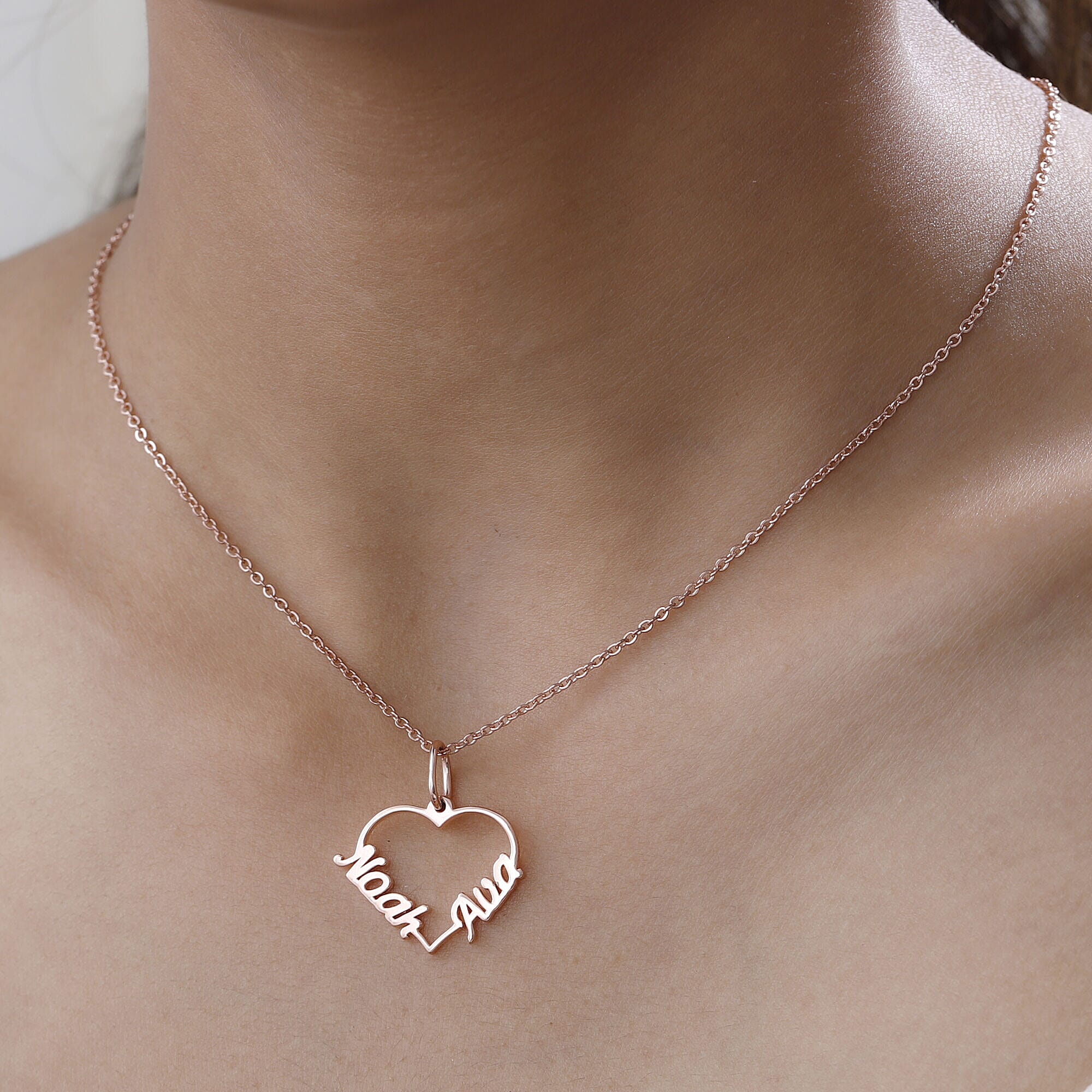Personalised Engravable Two Name Heart Name Necklace in Silver, Size - 18-2 Inch, Font- Free Hand