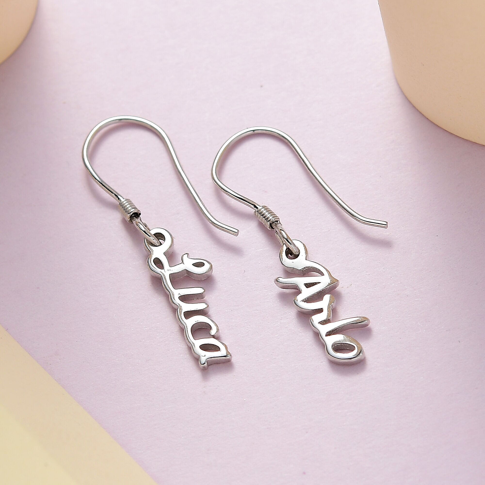 Personalised Engravable Drop Name Earrings in Silver, Font- Free Hand