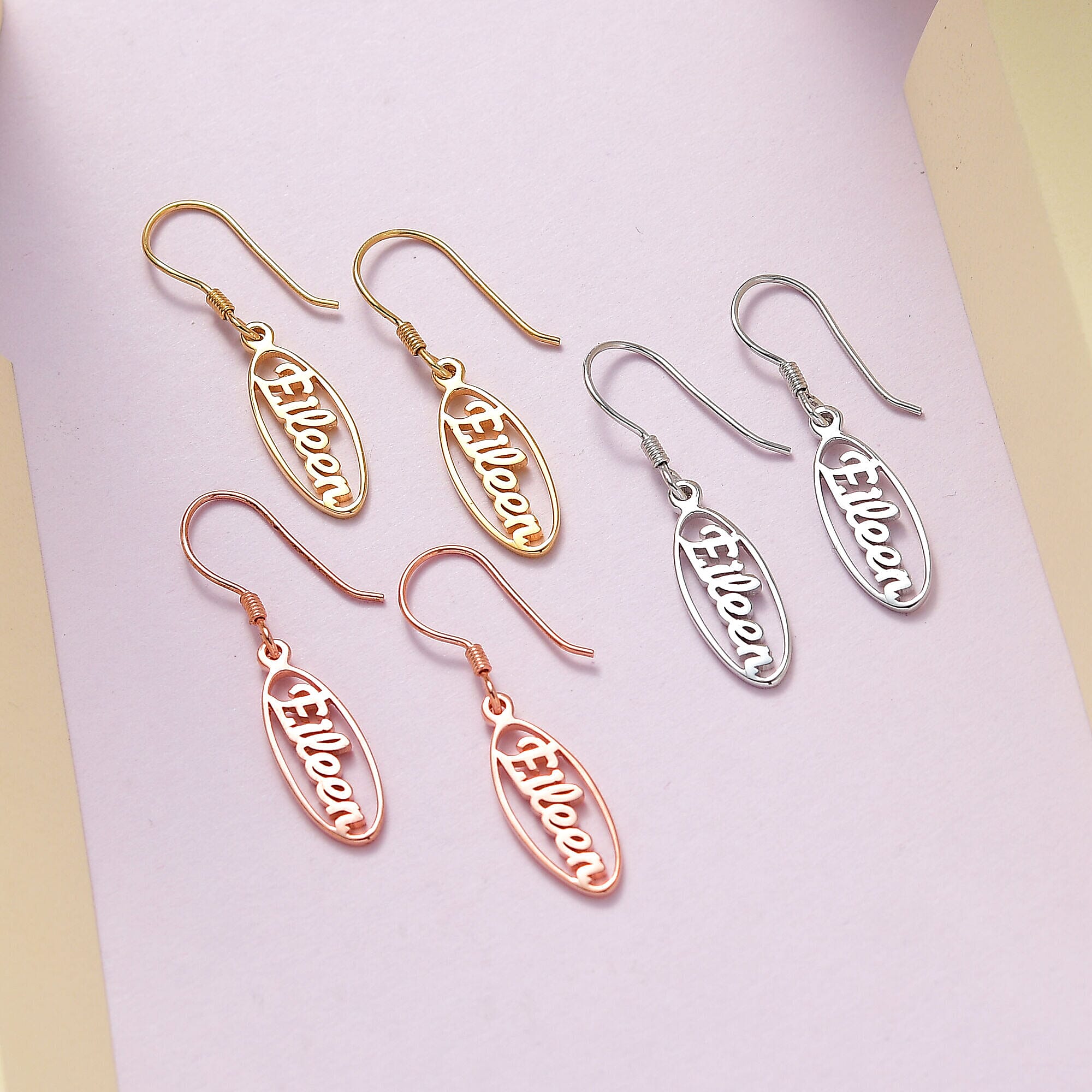 Personalised Engravable Oval Drop Name Earrings in Silver, Font- Free Hand
