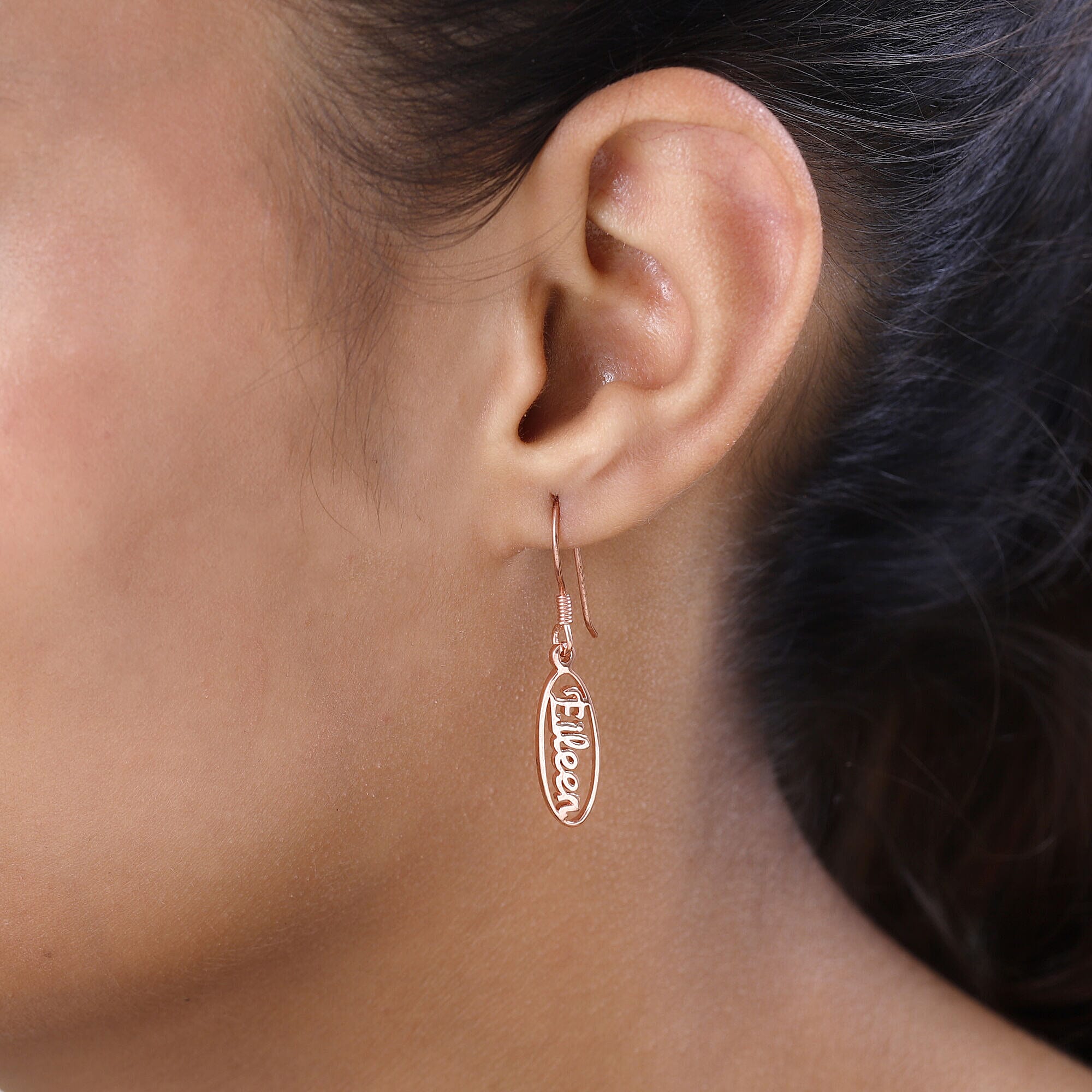 Personalised Engravable Oval Drop Name Earrings in Silver, Font- Free Hand