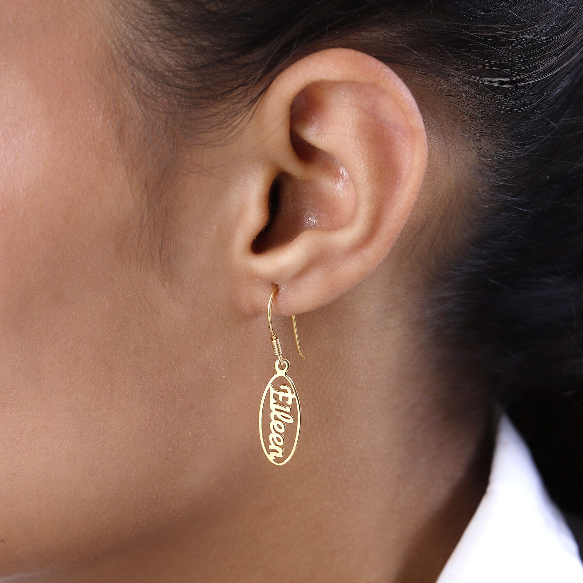 Personalised Engravable Oval Drop Name Earrings in Silver, Font- Free Hand