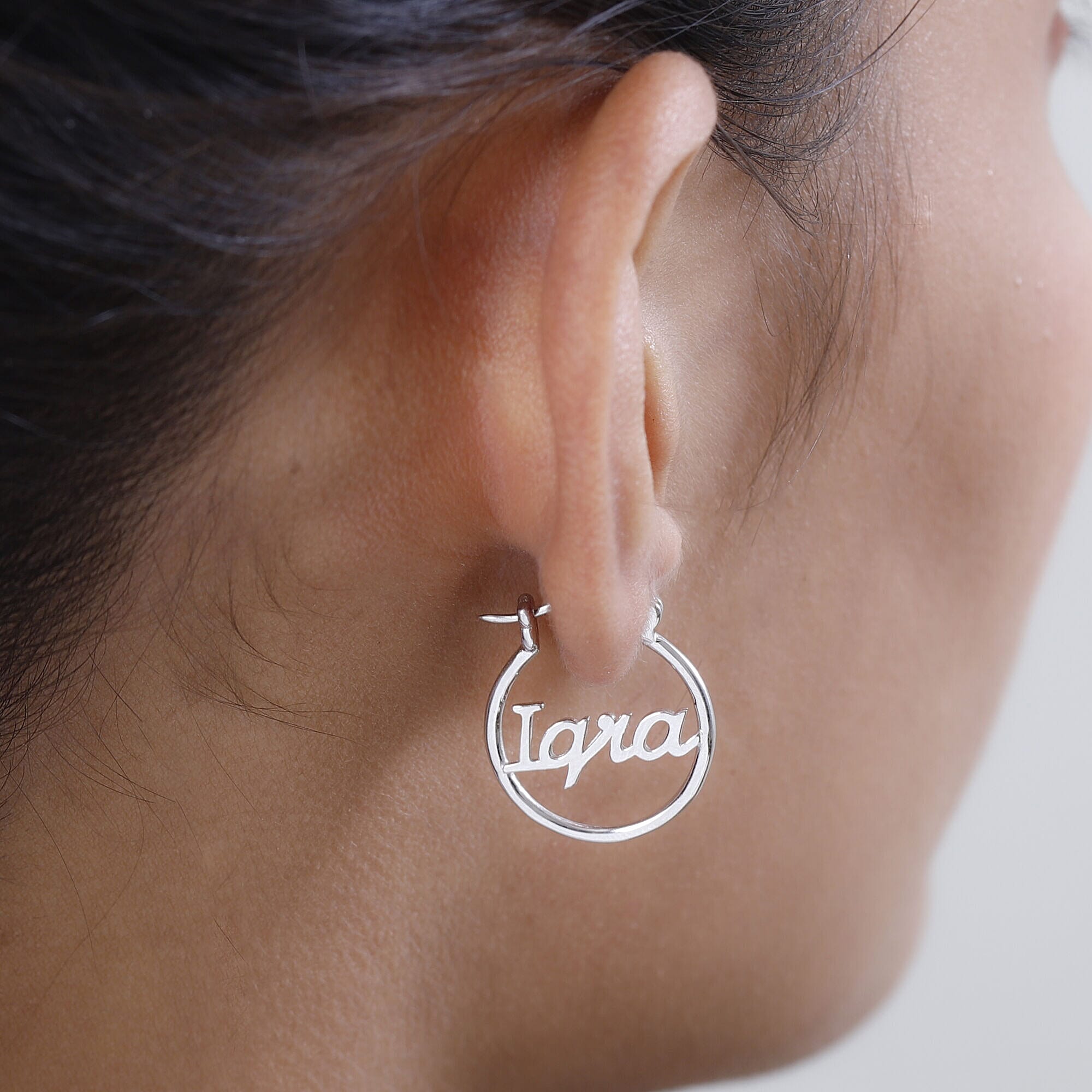 Personalised Engravable Round Name Earrings in Silver, Font- Script Mt Bold