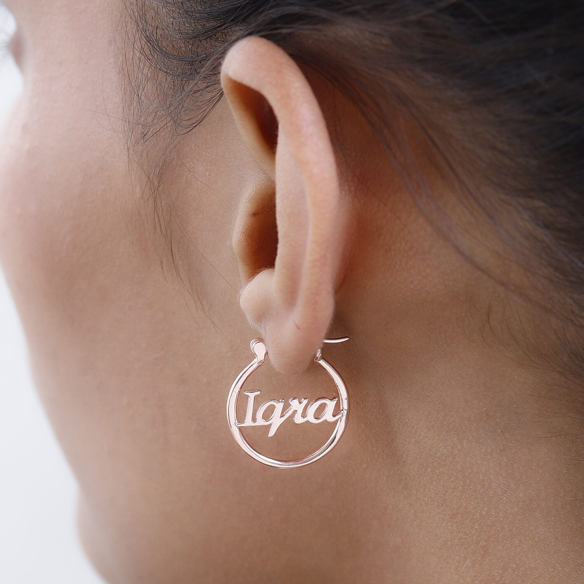 Personalised Engravable Round Name Earrings in Silver, Font- Script Mt Bold