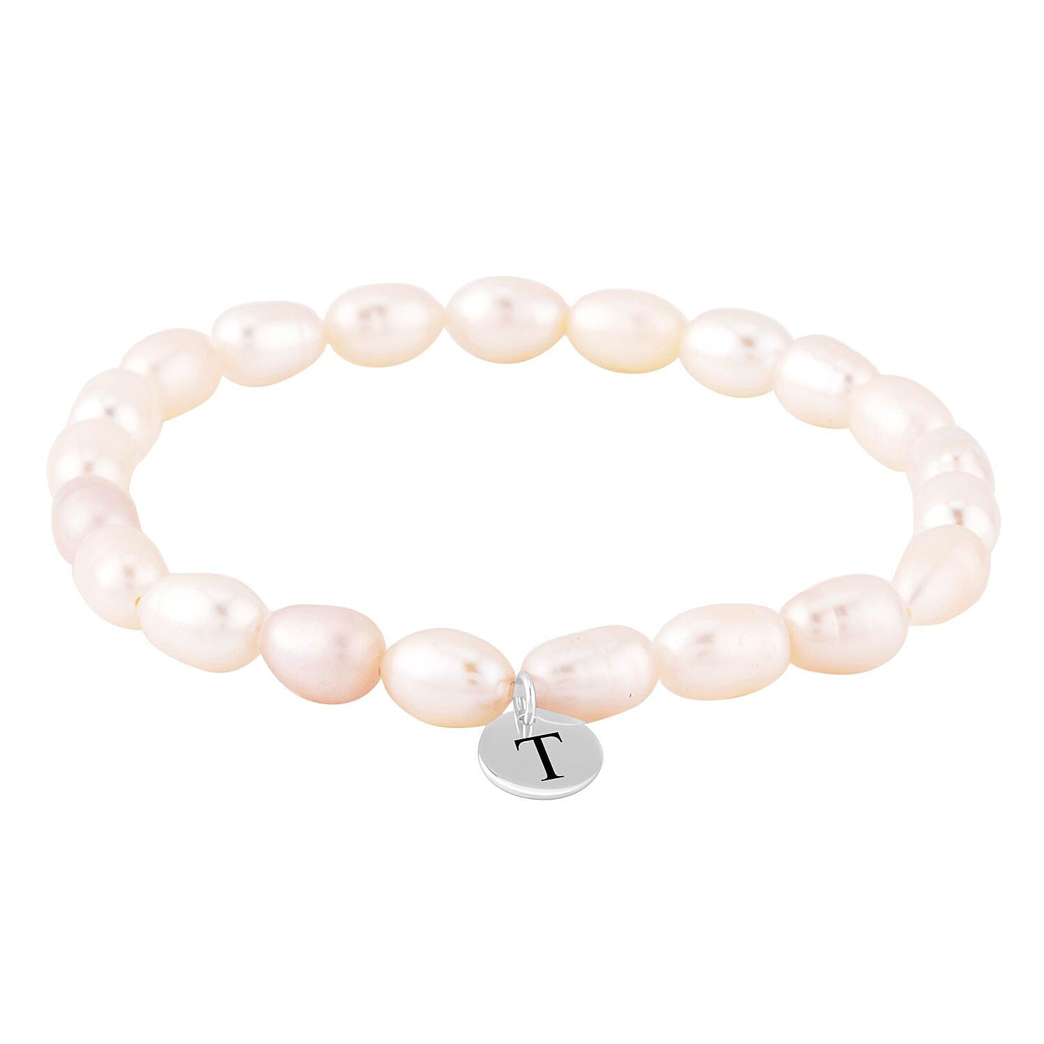 Personalised Engravable White Fresh Water Pearl Initial Bracelet in Silver, Size - 6.5 Inch
