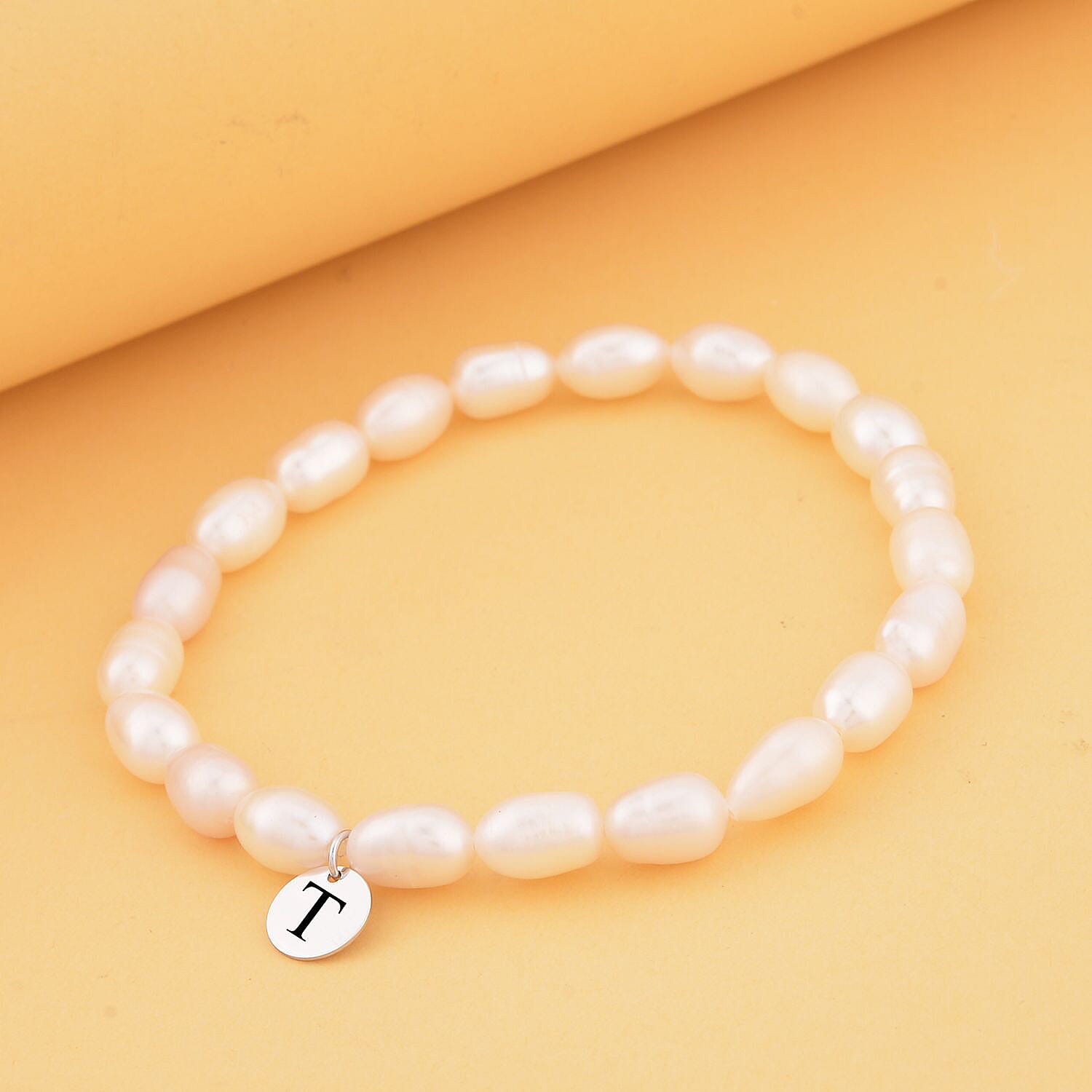 Personalised Engravable White Fresh Water Pearl Initial Bracelet in Silver, Size - 6.5 Inch
