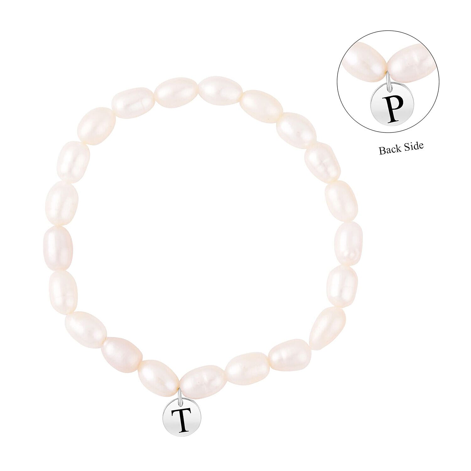 Personalised Engravable White Fresh Water Pearl Initial Bracelet in Silver, Size - 6.5 Inch