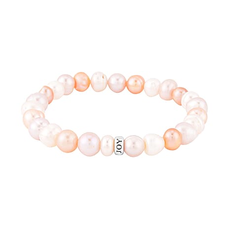 Personalised Engravable Multi Colour Fresh Water Pearl Stretchable Bracelet in Silver, Size - 7 Inch