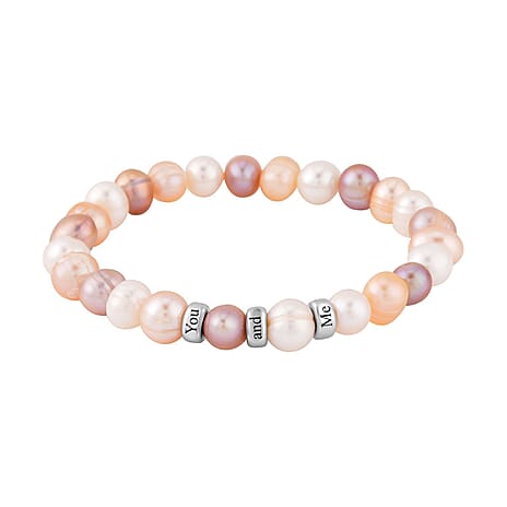 Personalised Engravable Multi Color Fresh Water Pearl Stretchable 3 Ring Bracelet in Silver, Size - 7 Inch