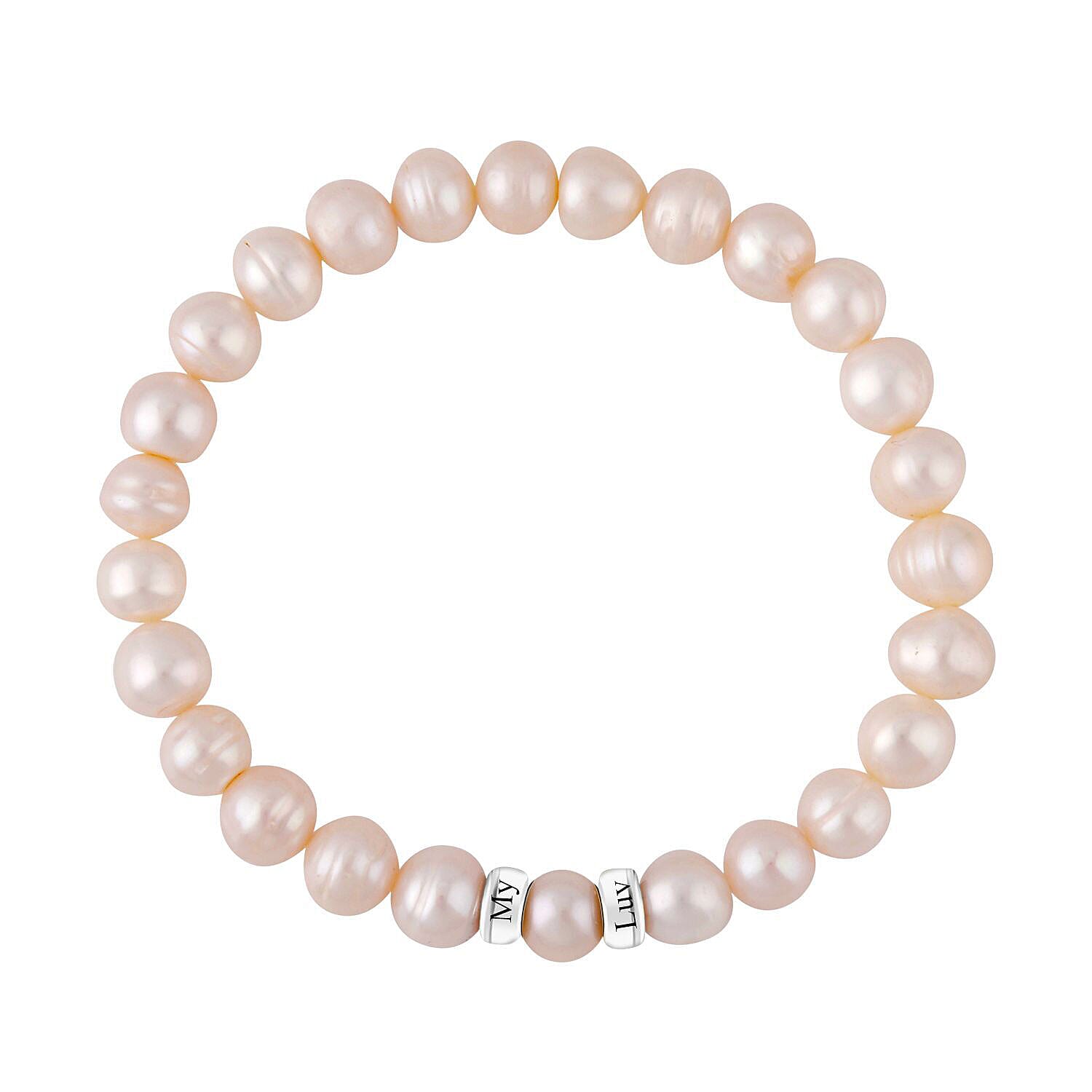 Pesonalised Engravable White Fresh Water Pearl 2 Ring Bracelet in Silver,Size - 7.5 Inch
