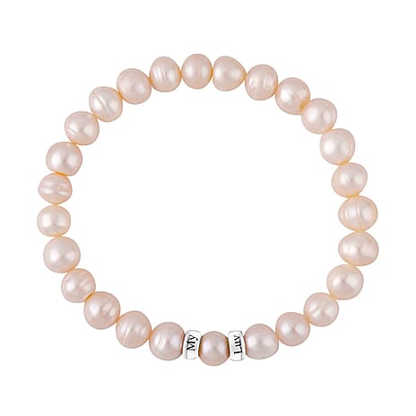 Pesonalised Engravable White Fresh Water Pearl 2 Ring Bracelet in Silver,Size - 7.5 Inch
