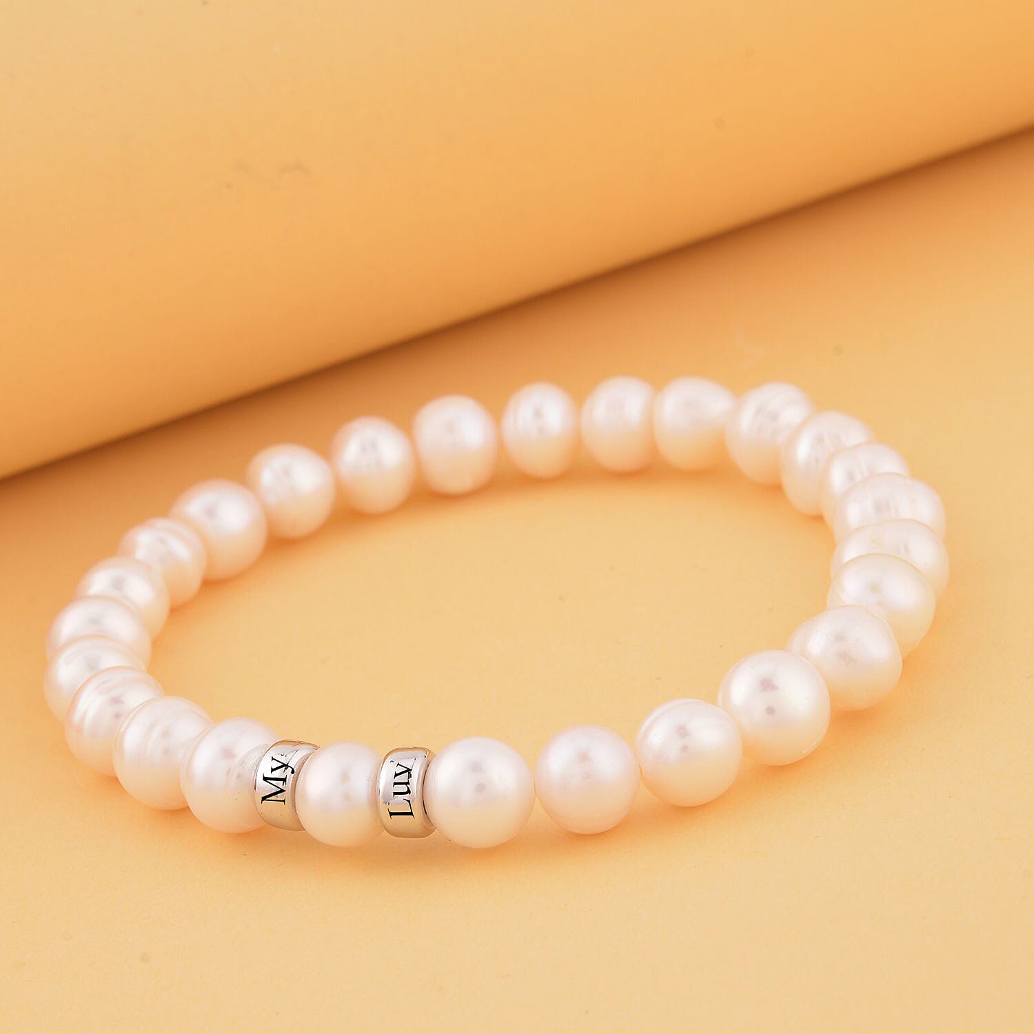 Pesonalised Engravable White Fresh Water Pearl 2 Ring Bracelet in Silver,Size - 7.5 Inch