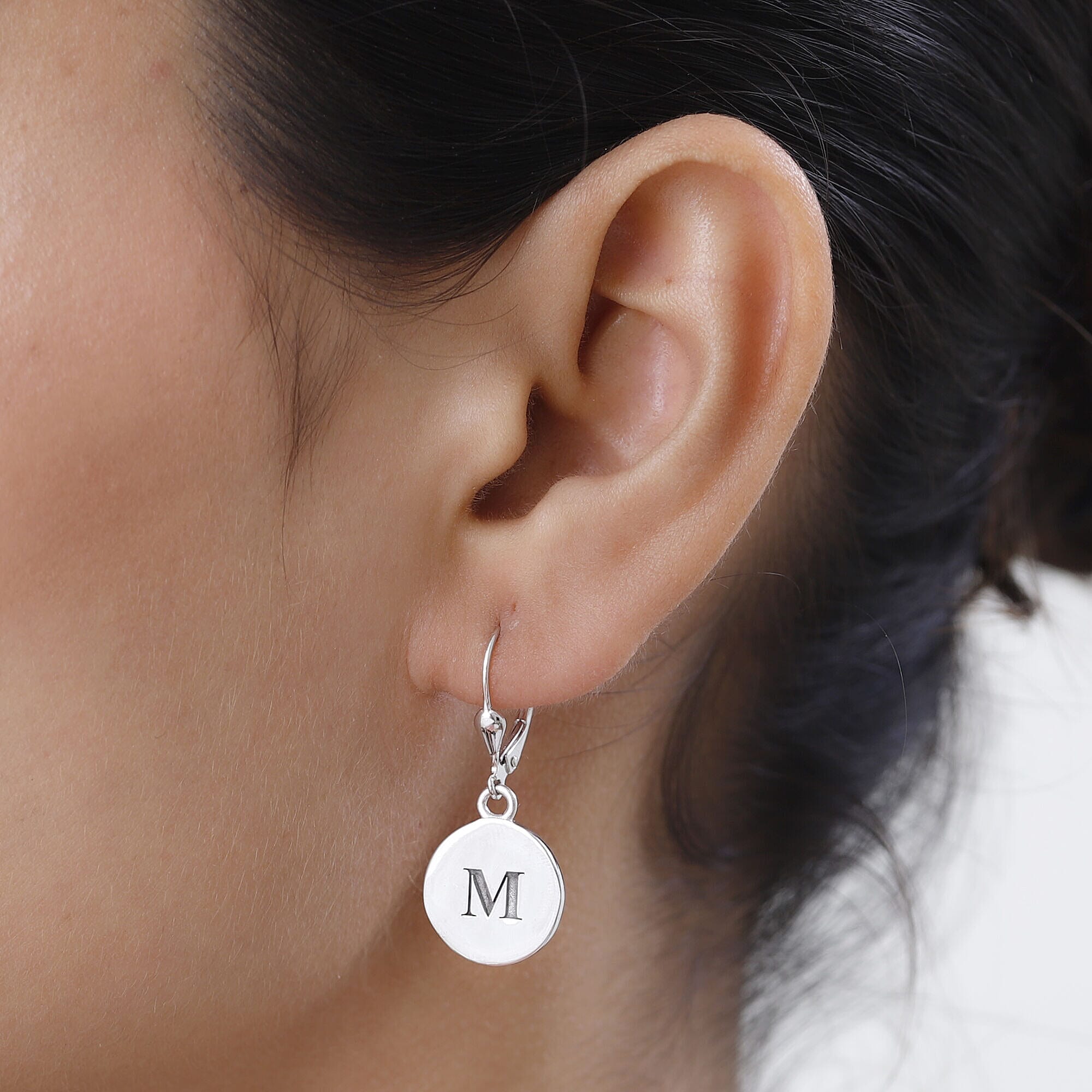 Personalised Engravable Disc Drop Initial Earrings in Silver