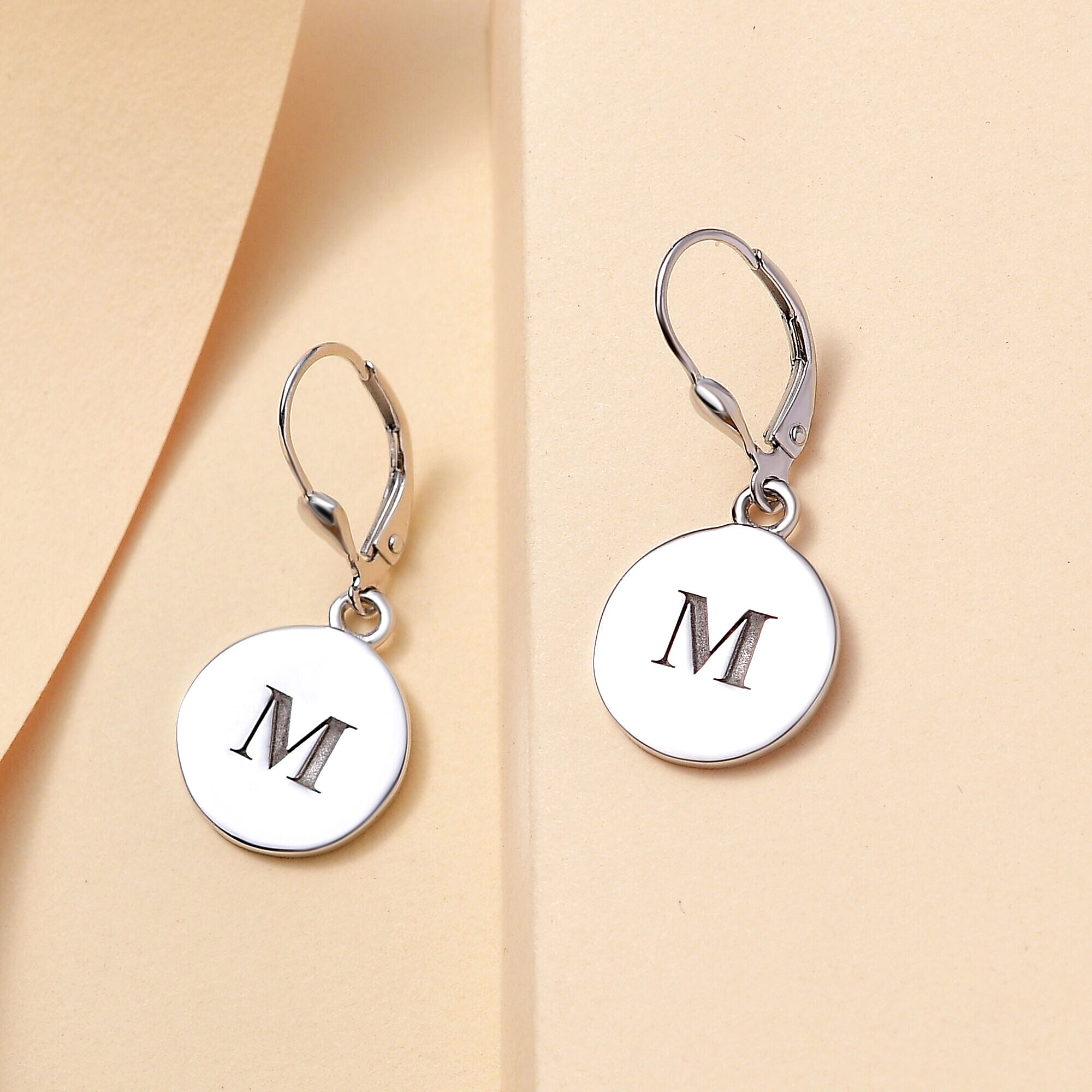 Personalised Engravable Disc Drop Initial Earrings in Silver