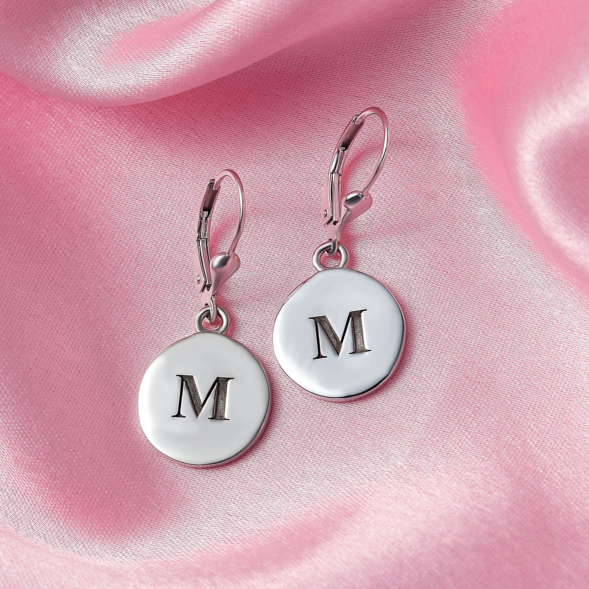 Personalised Engravable Disc Drop Initial Earrings in Silver