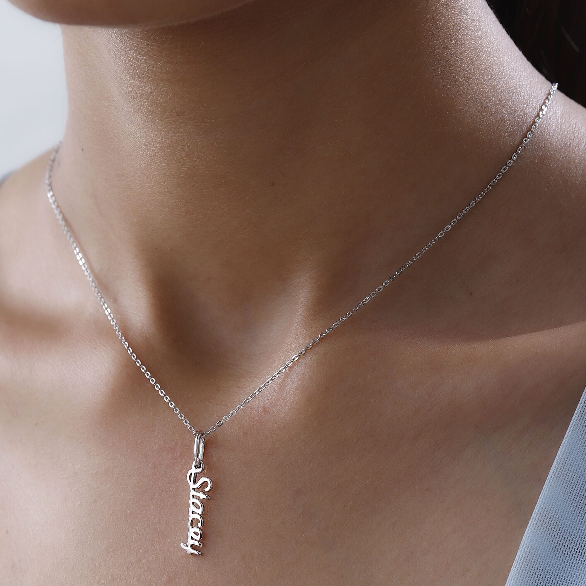 Personalised Engravable Vertical Name Necklace in Silver Size 18-2 Inch, Font - Free Hand