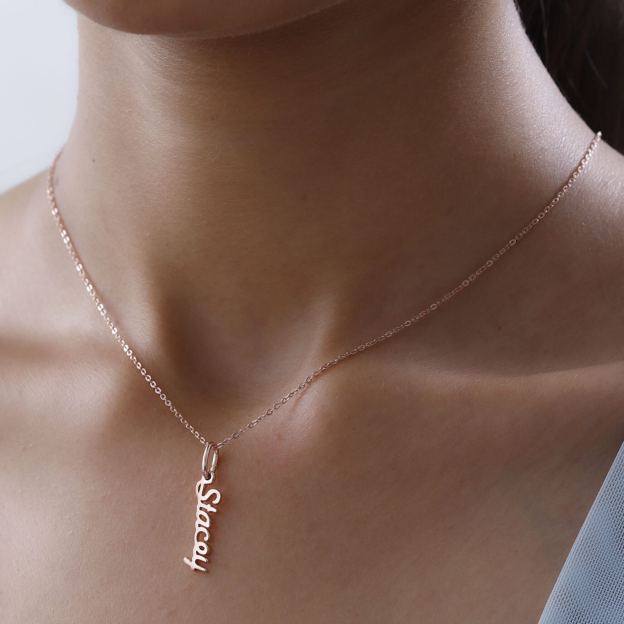 Personalised Engravable Vertical Name Necklace in Silver Size 18-2 Inch, Font - Free Hand