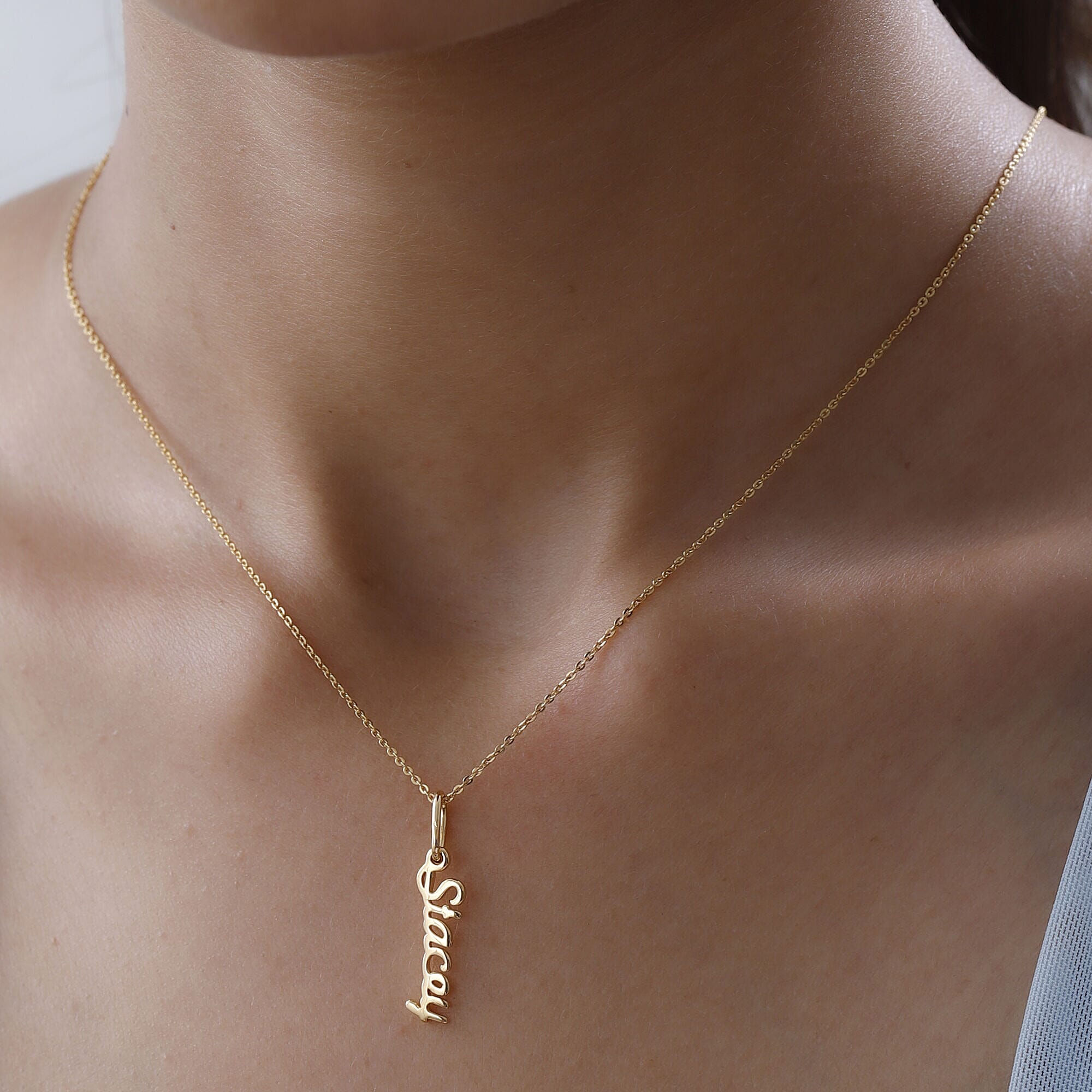 Personalised Engravable Vertical Name Necklace in Silver Size 18-2 Inch, Font - Free Hand