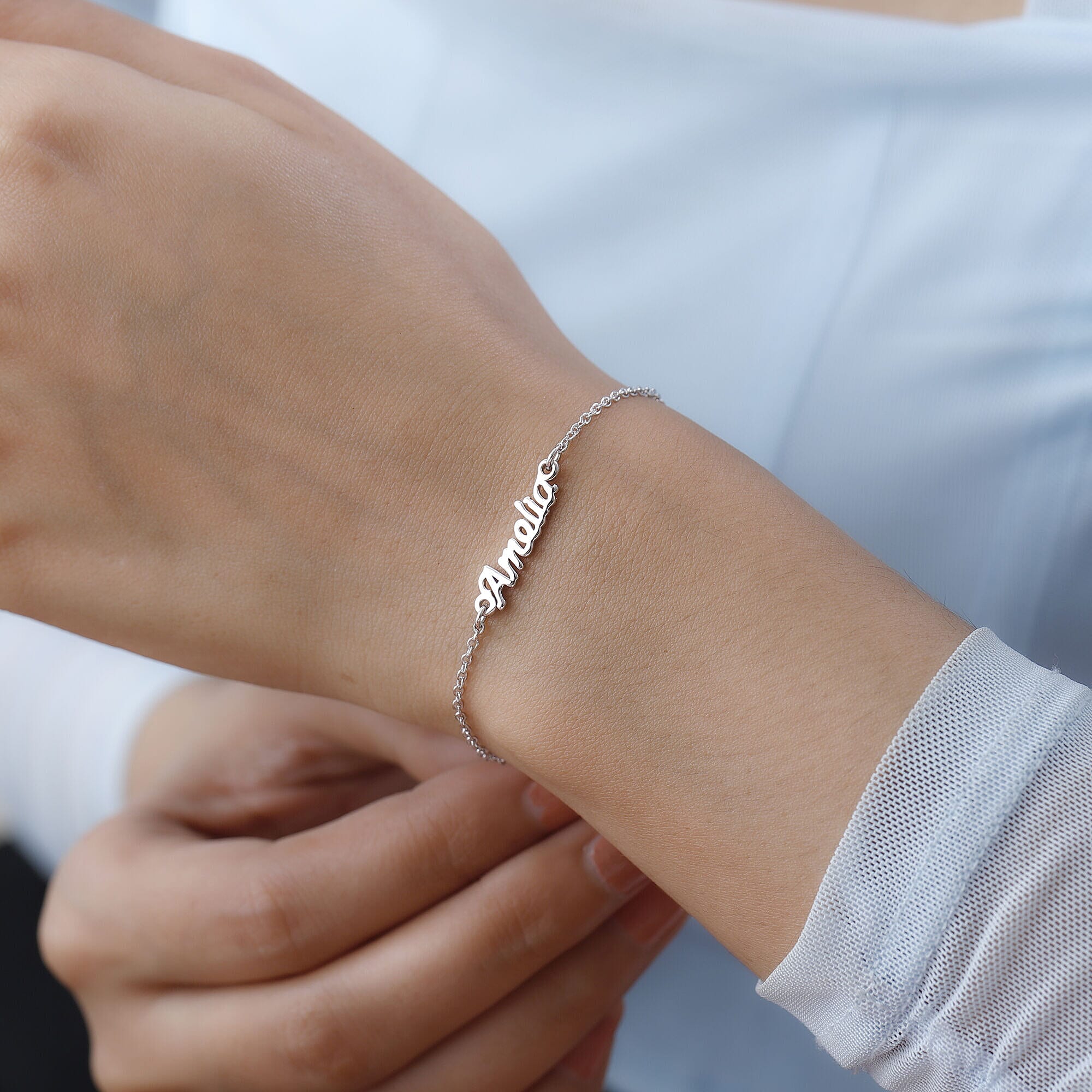 Personalised Engravable Name Bracelet in Silver Size 7.5 Inch, Font - Free Hand