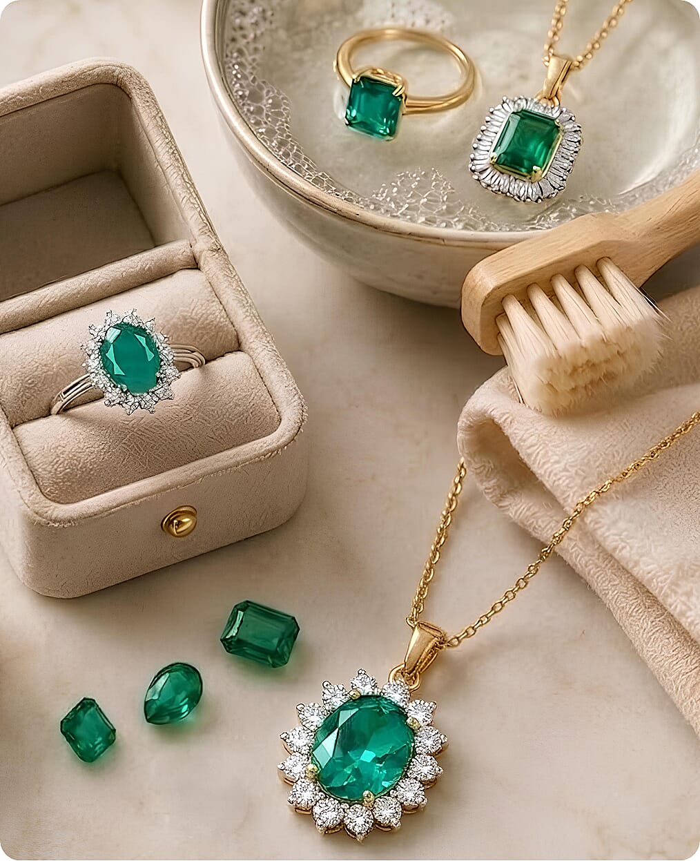 Premium emerald jewellery collection including rings and necklaces displayed elegantly